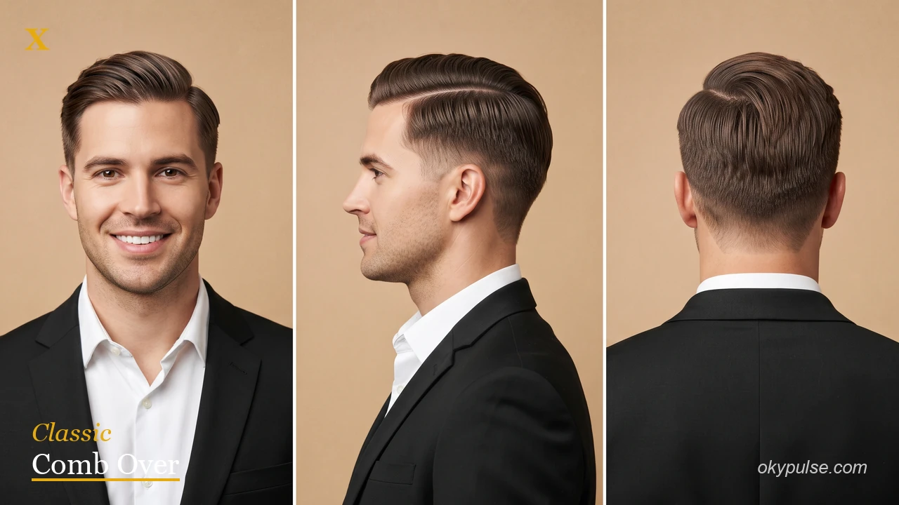 Classic comb over haircut for men with natural side part and scissor sides