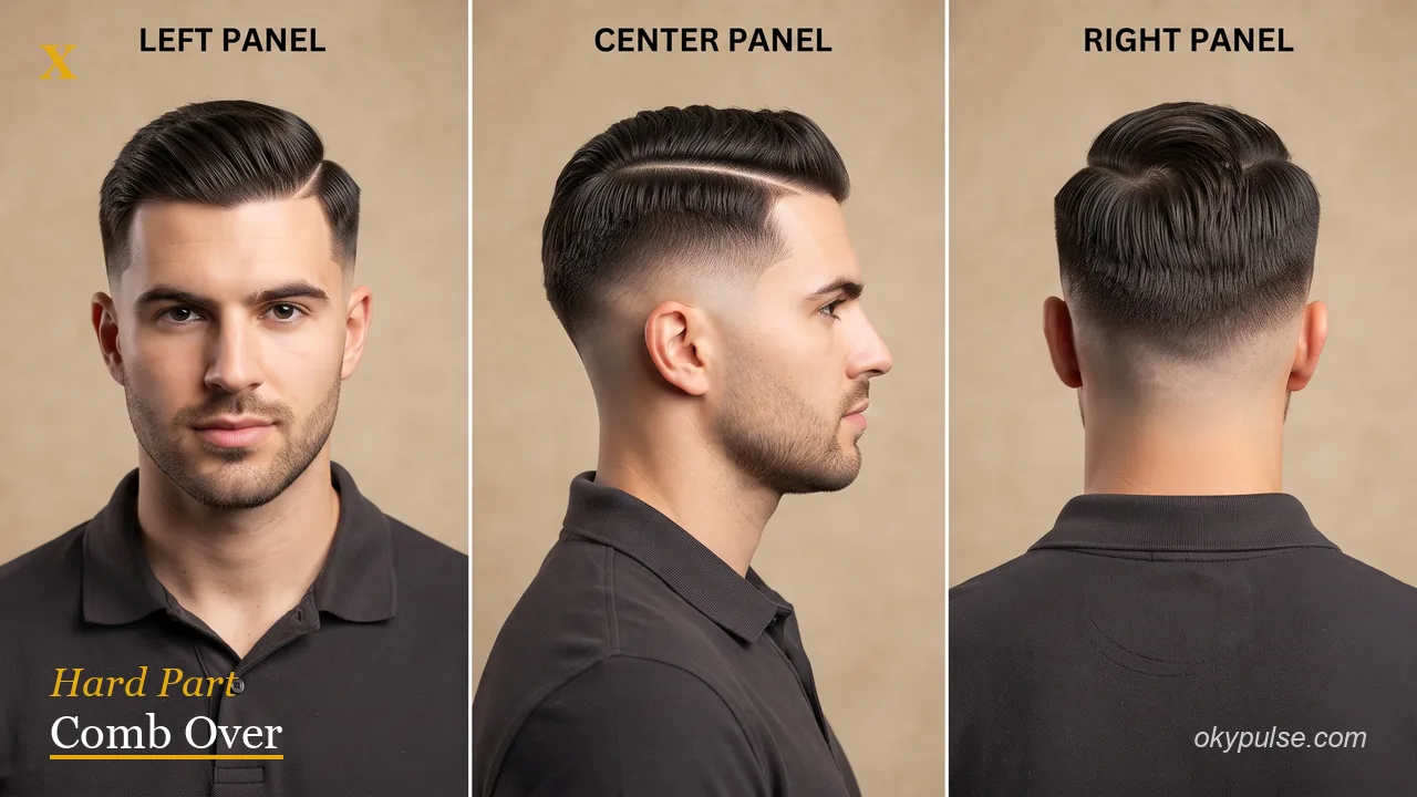 Hard part comb over haircut for men with razor shaved line