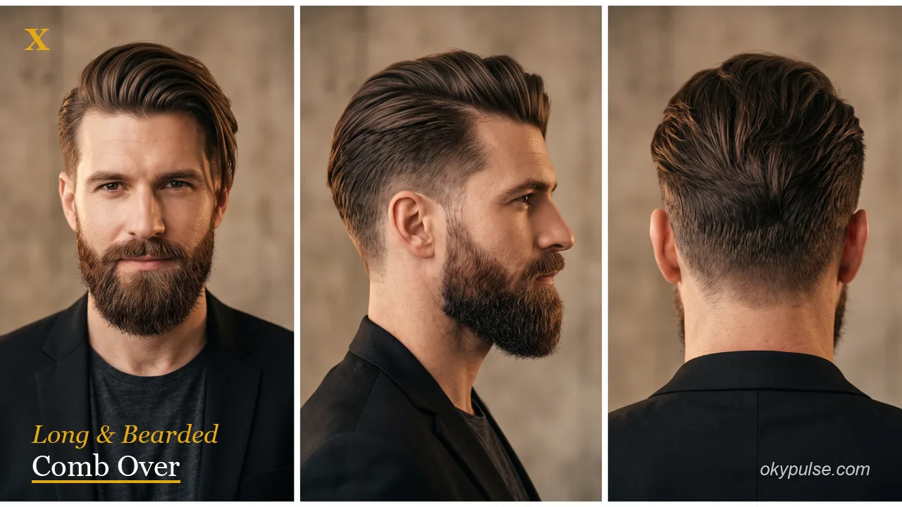 Long comb over haircut for men with flowing volume and full beard