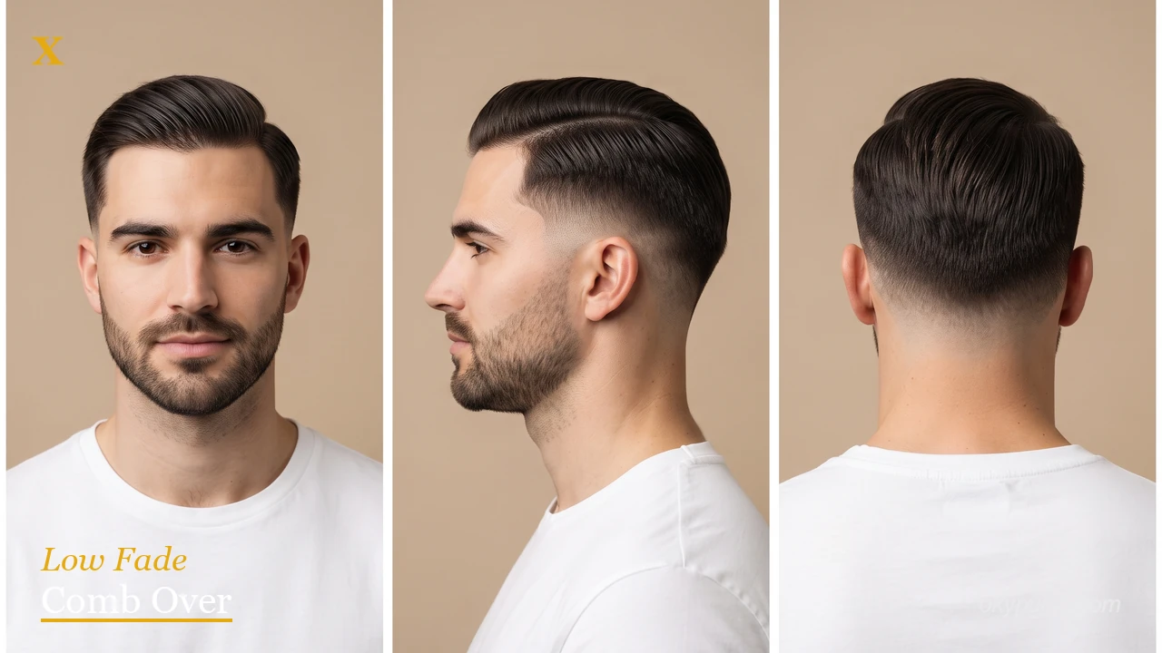 Low fade comb over haircut for men with clean taper above ears