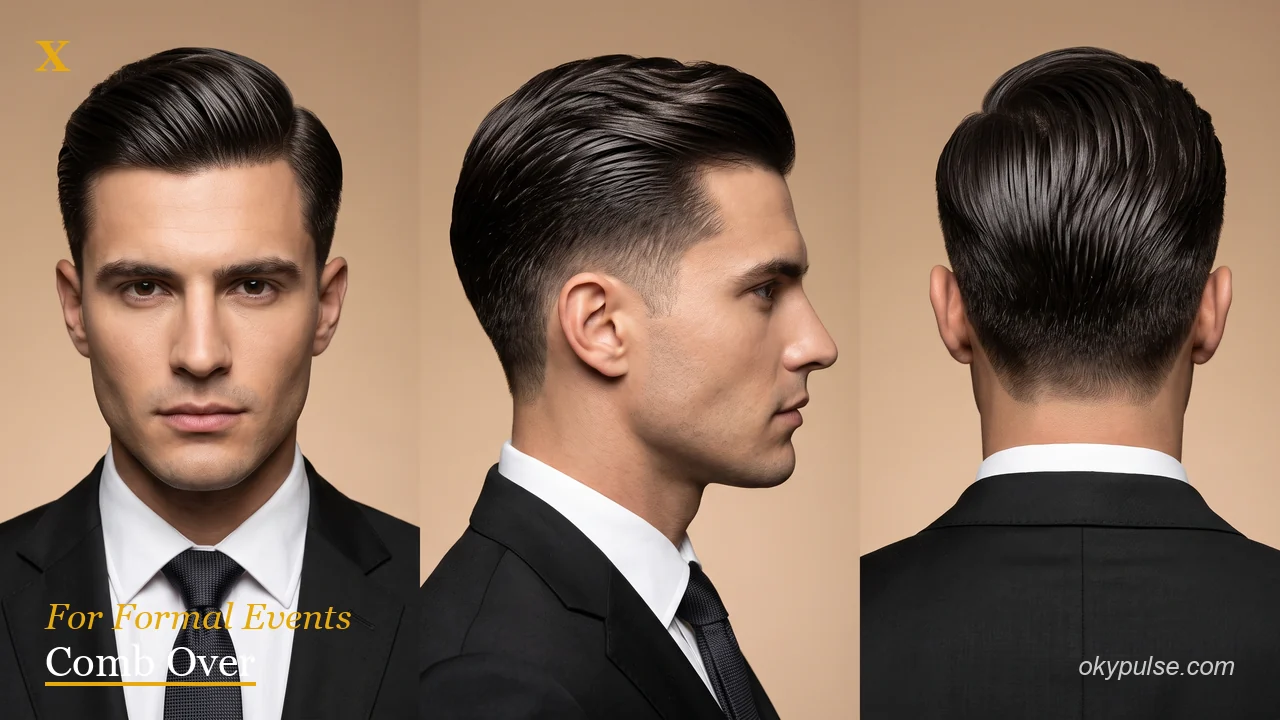 Slick comb over haircut for men with high shine pomade finish